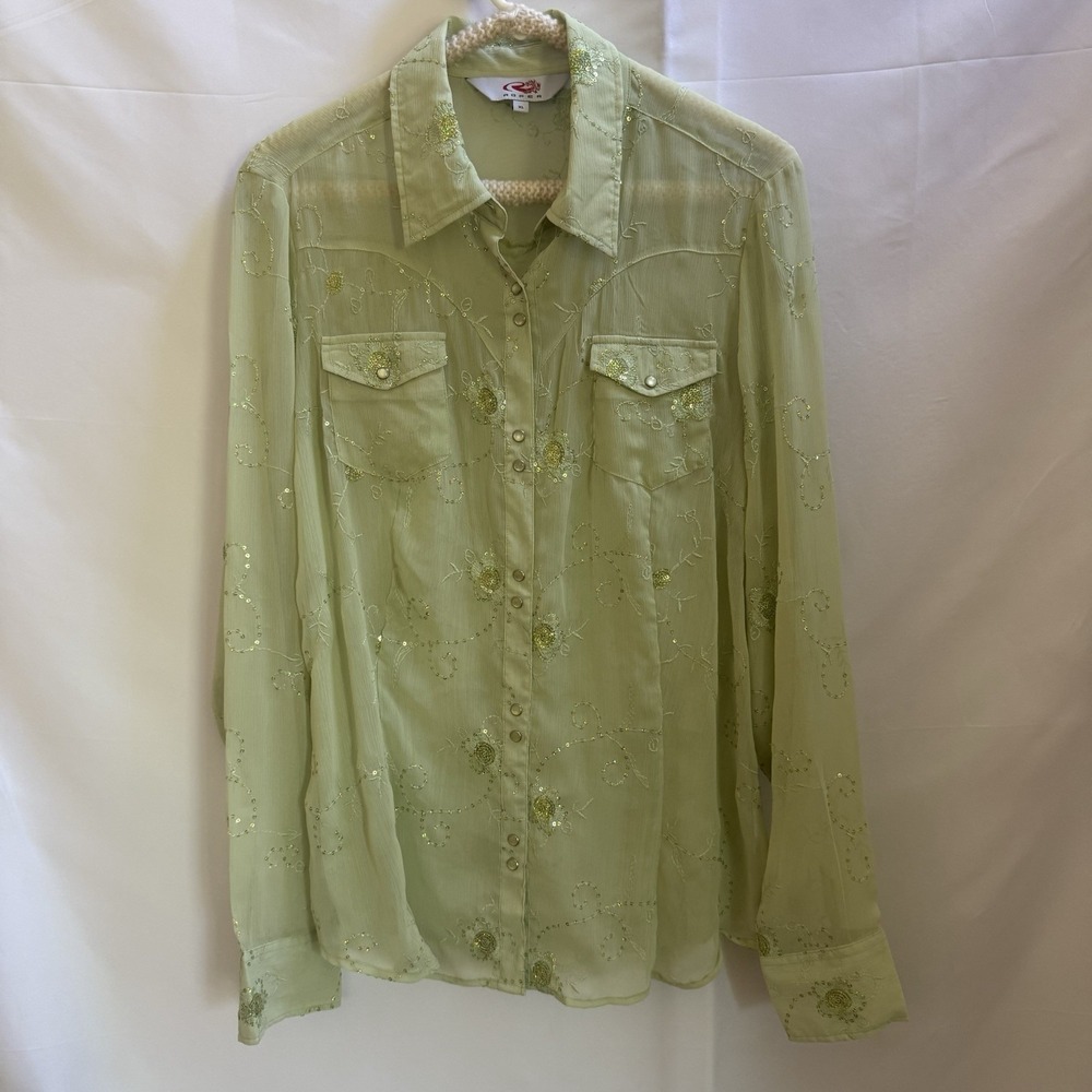 Roper XL Sequin Sheer Pearl Snap Western Rodeo Queen Shirt Top Cowgirl Green